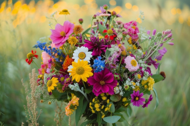 A radiant bouquet of wildflowers bursting with vibrant colors each bloom representing a treasured me