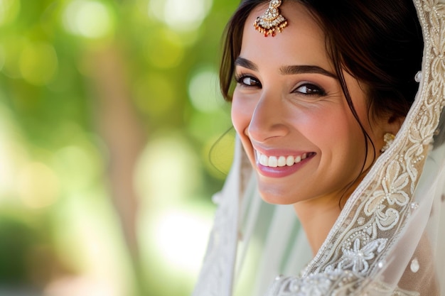 Radiant bride in traditional attire smiling