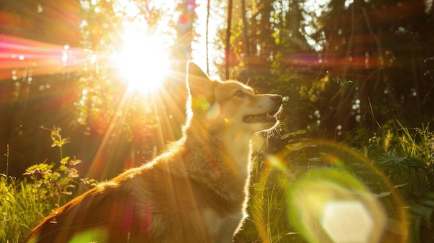 Photo radiant canine superpower activation in sunlit forest clearing