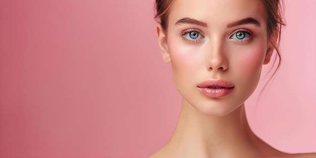 Radiant Caucasian woman with smooth skin and collarbones on a pink background Concept Beauty Portrait Radiant Skin Fashion Pink Background