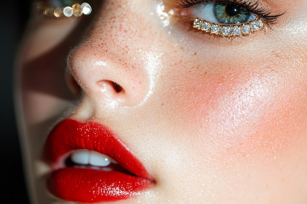 Photo radiant closeup of beauty with vibrant red lips sparkling eye accent and flawless complexion