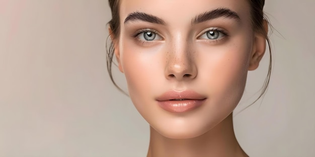 Radiant complexion and elegant features set against a calm beige backdrop Concept Natural beauty Beige backdrop Radiant complexion Elegant features Calm setting