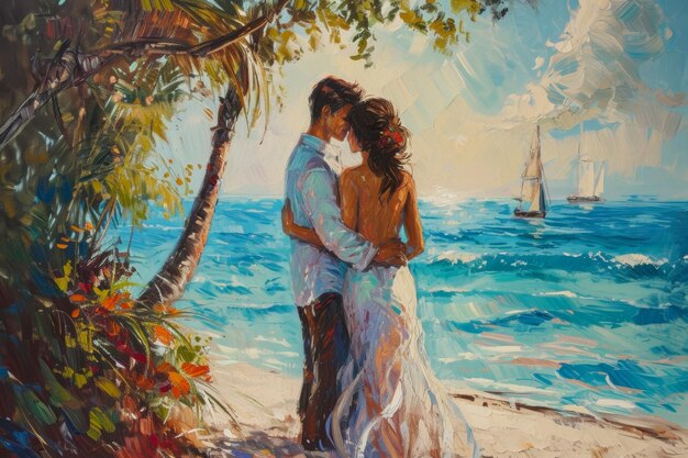 Radiant Couple Embraces Tenderly Reveling In The Glow Of Love On A Serene Shore