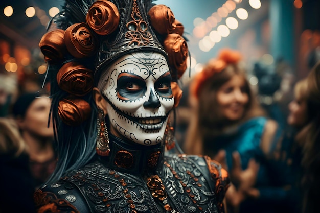 A radiant and creative woman dressed as a skull at an exciting costume party