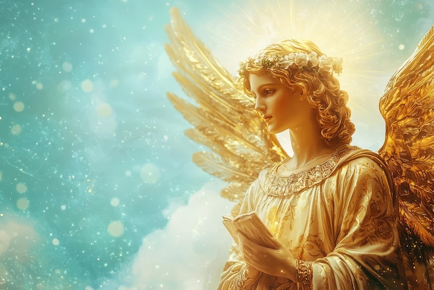 A radiant depiction of an angel with golden wings holding book