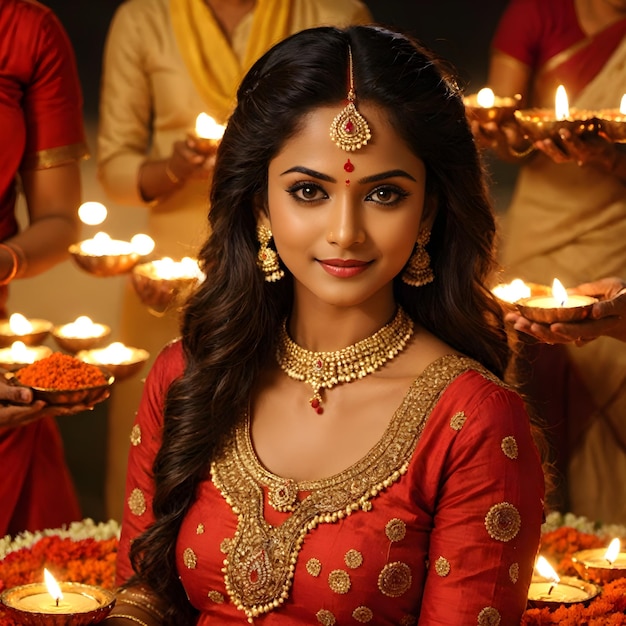 Radiant Diwali Joy Captivating Portrait of a Woman Celebrating the Festival of Lights