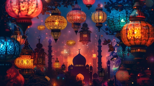 Radiant EID ULADHA MUBARAK surrounded by a tapestry of lanterns in a spectrum of vibrant jeweltoned colors the silhouette of a mosque barely visible