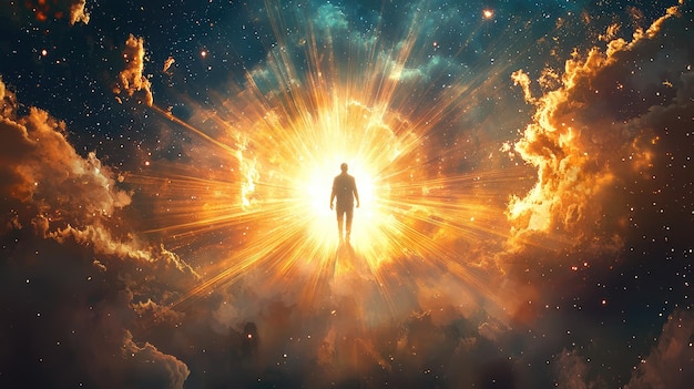 Photo a radiant figure stands in sky surrounded by vibrant clouds and cosmic light