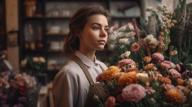 Radiant Florist Arranging Fresh Flowers in Cozy Workshop