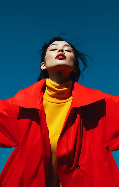 Radiant Freedom Joyful beautiful Girl in Red Overcoat with Hands Raised in the air