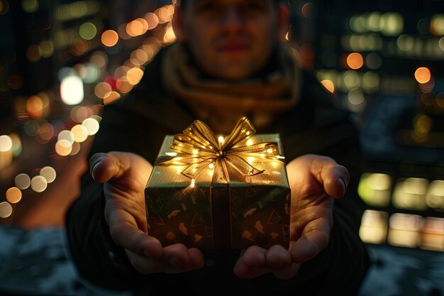 Photo radiant gift box wrapped in gold and brown ribbon glowing against the mesmerizing cityscape