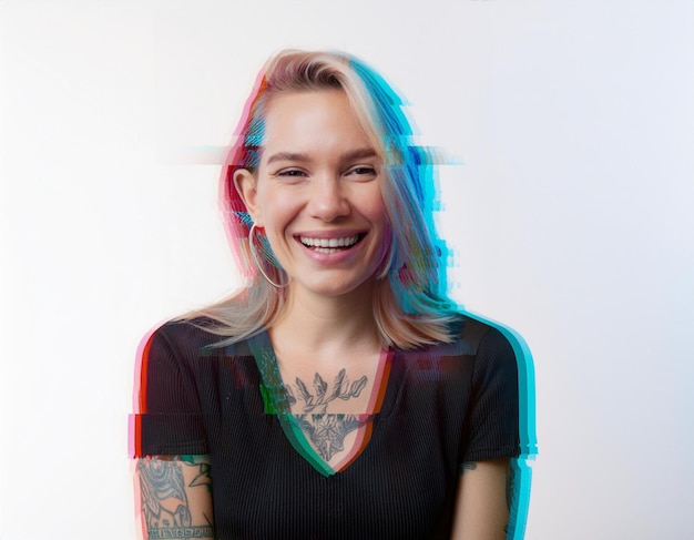 Photo radiant glitch art portrait of tattooed woman laughing in studio