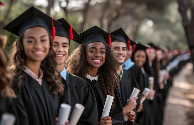 Radiant graduate with classmates holding diplomas in line a moment of pride and joy