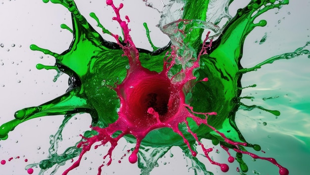 Photo radiant green and hot pink water splashes bursting in vibrant energetic display