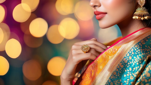 Photo radiant indian woman in lehenga with golden jewelry for diwali