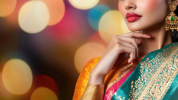 Photo radiant indian woman in lehenga with golden jewelry for diwali