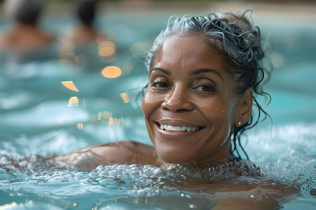 Radiant Mature Woman Enjoying Summer in Sparkling Pool