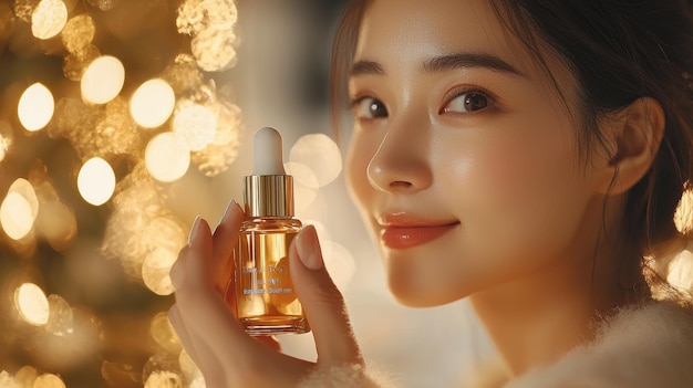 Radiant Model Holding Facial Oil in Soft Lighting