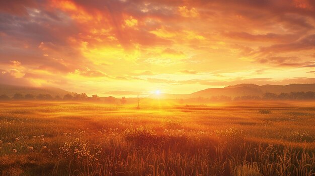 Photo radiant morning glow panorama sun setting over grass field