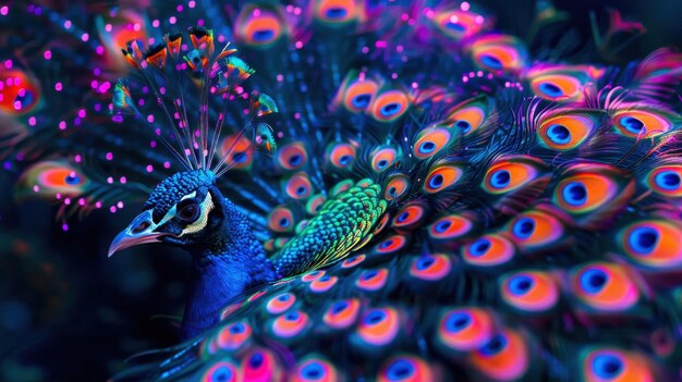 Radiant peacock adorned with neon feathers