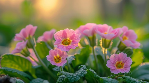 Radiant Pink Primula Flowers Blooming in Lush Green Garden at Golden Hour with Soft Sunlight