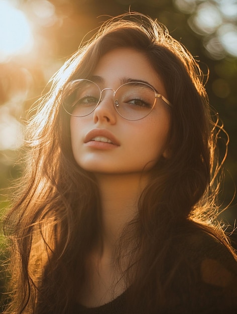 Photo radiant portrait of a young woman with glasses in golden hour light