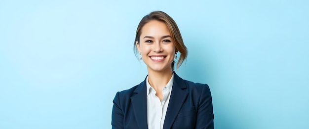 Radiant Professional Woman Smiling Confidently Against a Clean Background