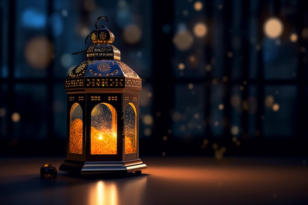 Radiant Ramadan lantern in a dark room with a dark and blurry image behind it generative ai