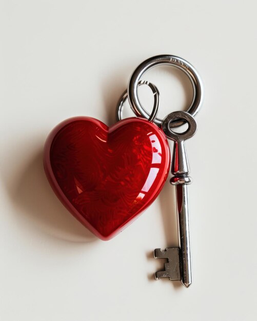 Photo a radiant red heart lock with a sleek silver key and keyring