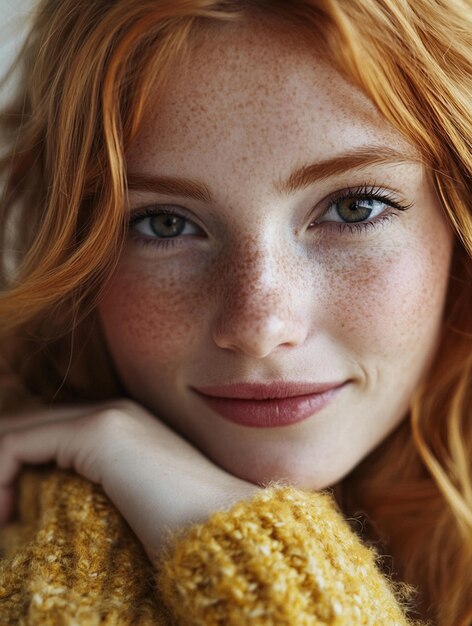 Photo radiant redhead with freckles in cozy knitwear natural beauty portrait