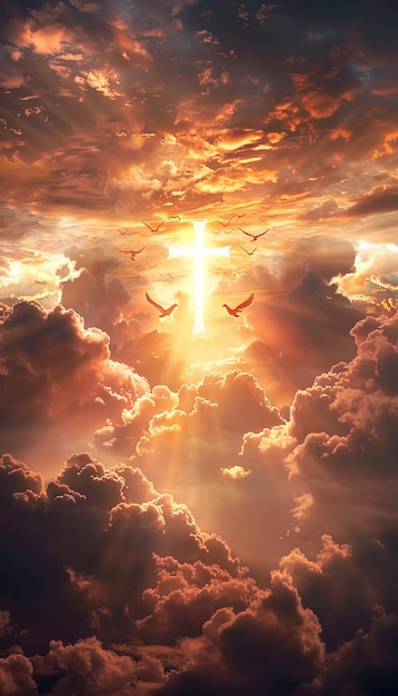 Radiant sky with glowing cross and angels symbolizing jesus messengers and divine teachings