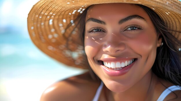 Radiant Smile and Sparkling Eyes on a Sunny Day Woman in Sunhat Enjoying Summer Casual and Joyful Portrait Perfect for Lifestyle Marketing AI