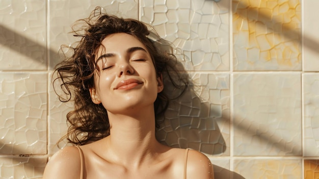 Photo radiant smiling woman with closed eyes standing gracefully