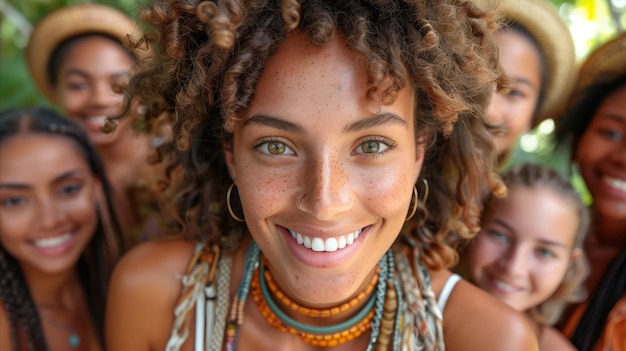 Radiant Smiling Young Woman With Friends in Tropical Setting