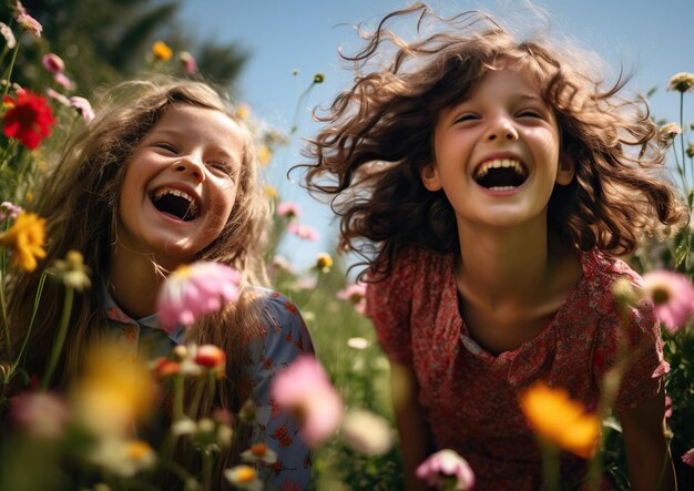 Photo radiant summer blossoms beautiful happy girls surrounded by flowers no real person generative ai