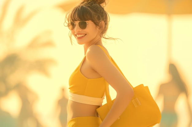 A radiant summer day at the beach with a smiling woman wearing a vibrant yellow bikini