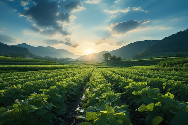 Radiant sun beams over verdant rice fields beautiful sunrise image