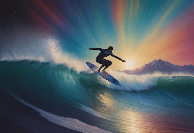 Radiant Sunset Surfing Session in a Tropical Paradise With Majestic Mountain Backdrop