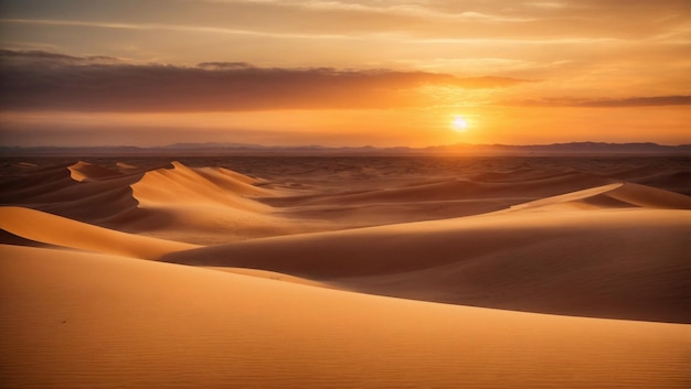 A radiant sunset over a vast desert casting warm hues across the horizon with towering sand dunes