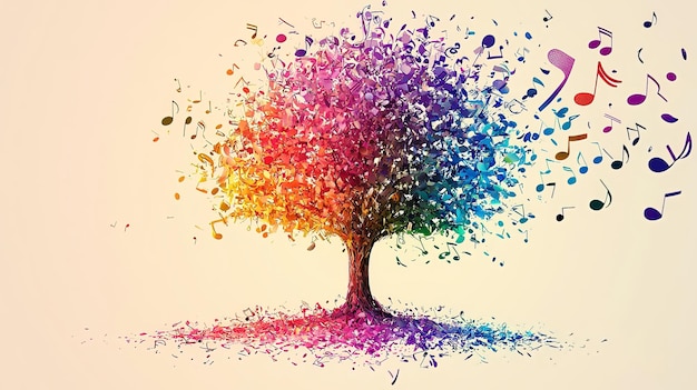 Radiant tree with colorful musical notes spreading out