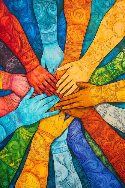 Photo radiant unity of hands vibrant diversity in colorful hands