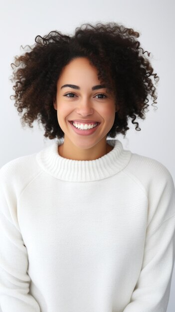 Radiant Warmth Smiling Black Woman in White Sweater Exudes Positivity in Clean SettingxA