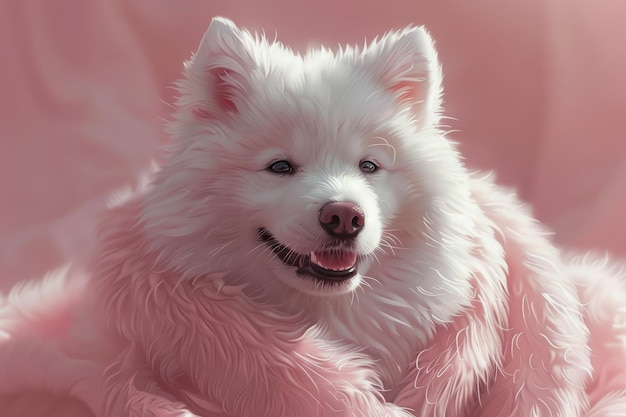 Radiant White Samoyed Dog Bathed in Sunlight Against Pink Background Fluffy Pet Portrait