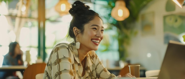 Radiant woman enjoying a conversation at a vibrant cafe the embodiment of urban leisure