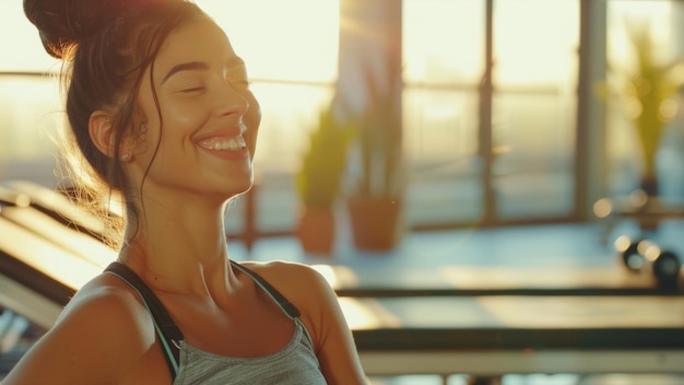 Radiant woman enjoys a serene moment basking in goldenhour gym sunlight