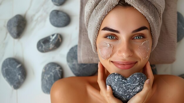 Photo radiant woman holding spa stones on white background