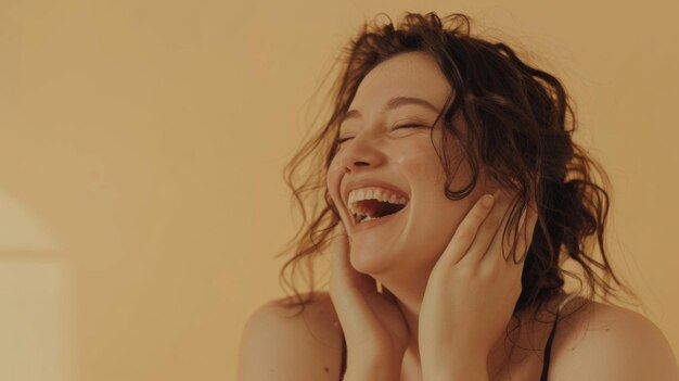 Radiant woman laughing wholeheartedly with hands on face