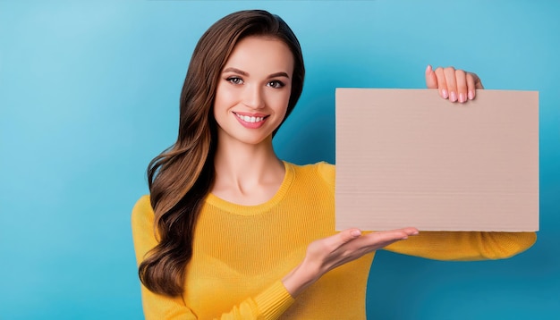 Radiant woman showcases branding potential with a brown cardboard ideal for marketing campaigns