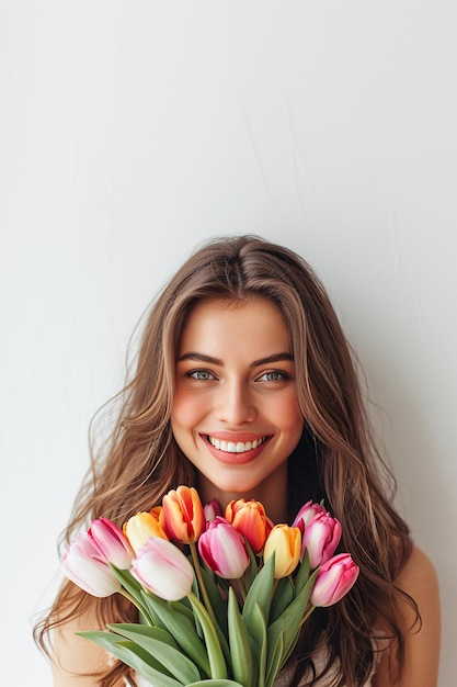 Radiant Woman Smiling With Bouquet of Tulips Generative AI