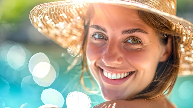 Radiant Woman in Summer Hat Smiling Outside Joyful Expression Captured on Sunny Day Lifestyle Outdoor Photography Perfect for Advertising AI